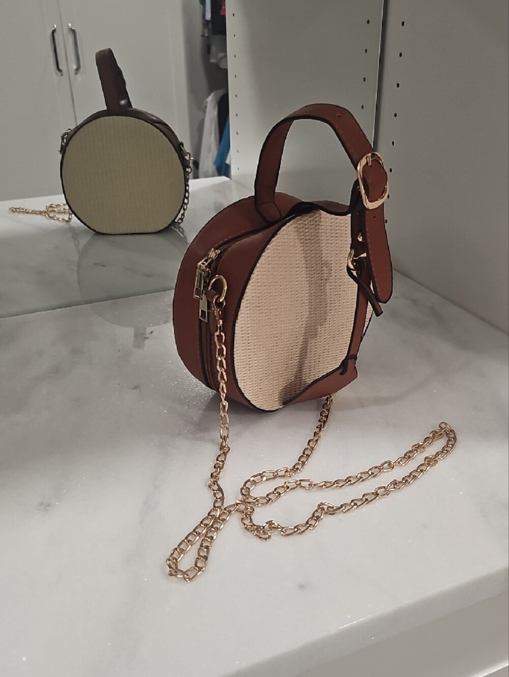 Round Woven Crossbody Bag - Beige and Brown - Picture 4 of 5
